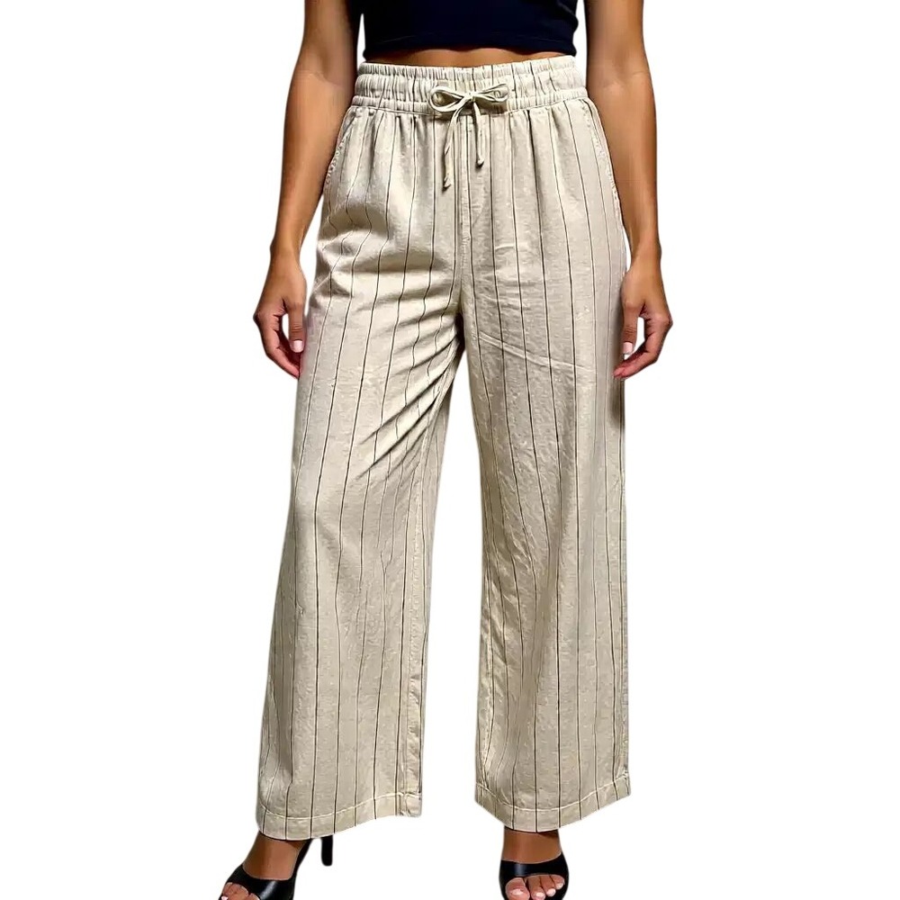 Stitch Star Women Beige Pinstripe Wide Leg Pants‎ Elastic Waist Drawstring M NWT